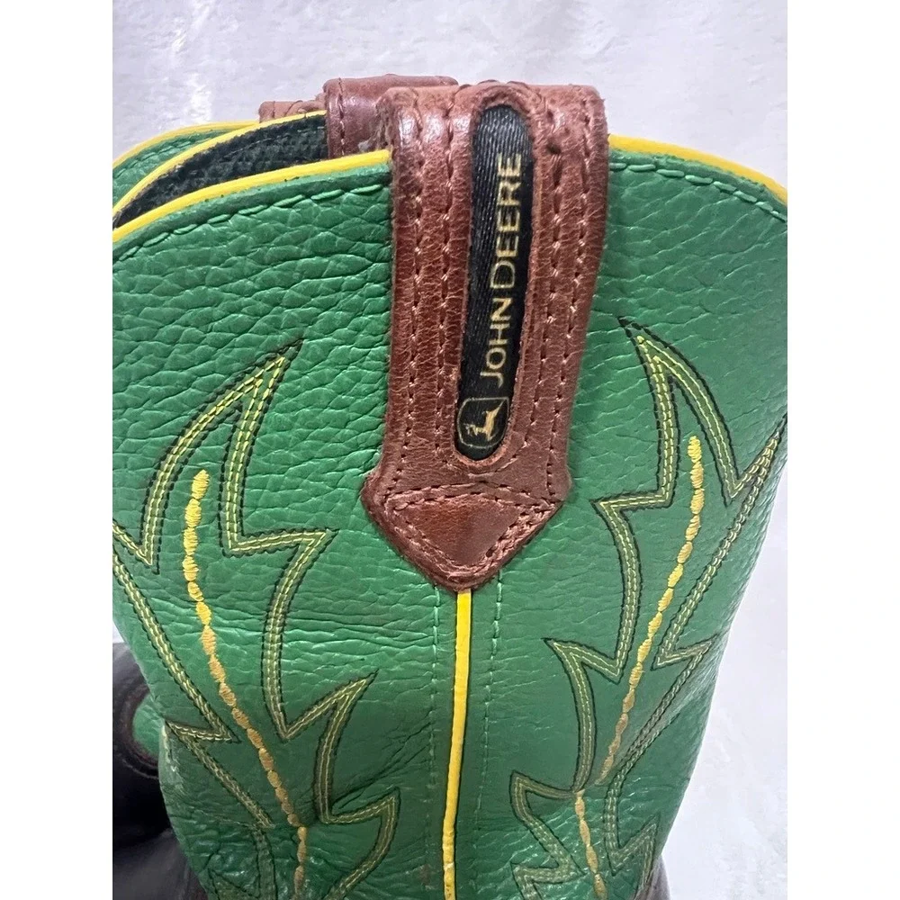 John Deere Western Boots Childrens 6.5M Brown Green Leather Cowboy Work Farmcore